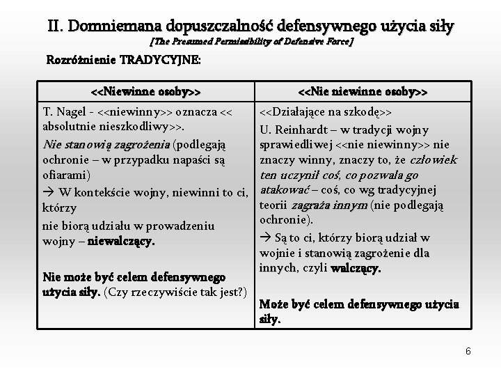 II. Domniemana dopuszczalność defensywnego użycia siły [The Presumed Permissibility of Defensive Force] Rozróżnienie TRADYCYJNE: