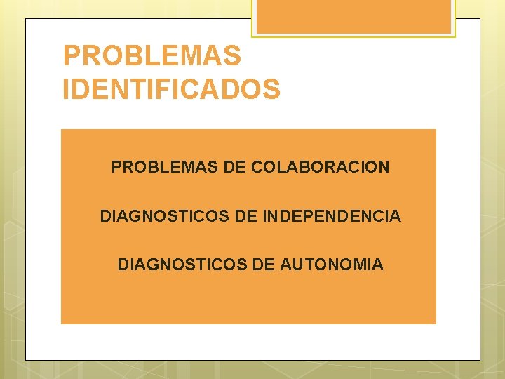 PROBLEMAS IDENTIFICADOS PROBLEMAS DE COLABORACION DIAGNOSTICOS DE INDEPENDENCIA DIAGNOSTICOS DE AUTONOMIA 