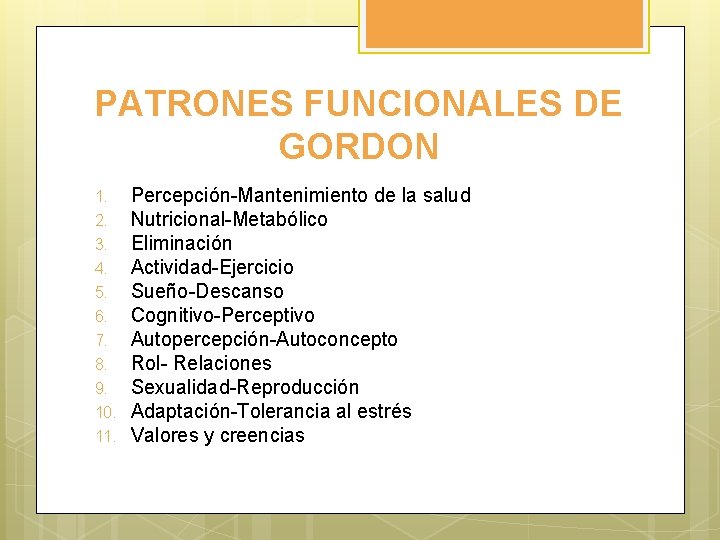 PATRONES FUNCIONALES DE GORDON 1. 2. 3. 4. 5. 6. 7. 8. 9. 10.