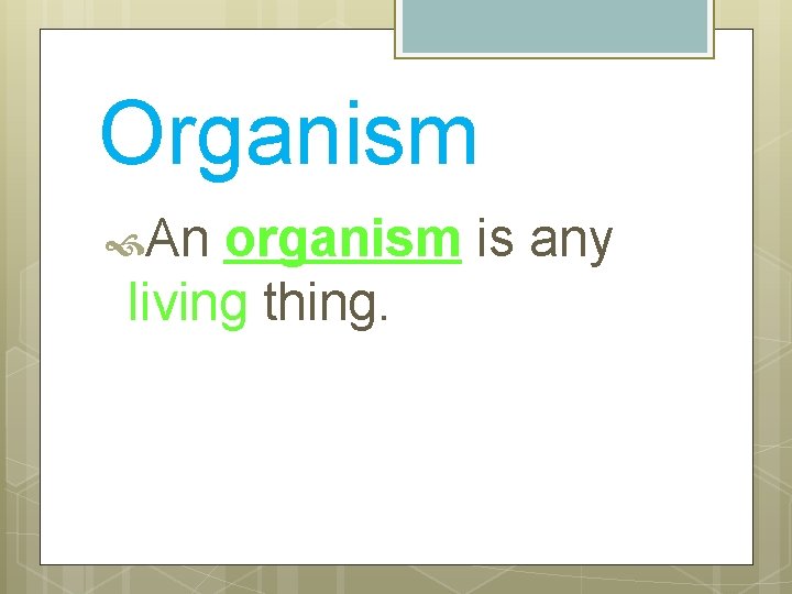 Organism An organism is any living thing. 