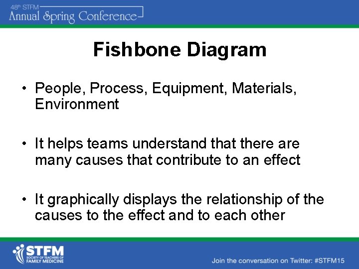 Fishbone Diagram • People, Process, Equipment, Materials, Environment • It helps teams understand that