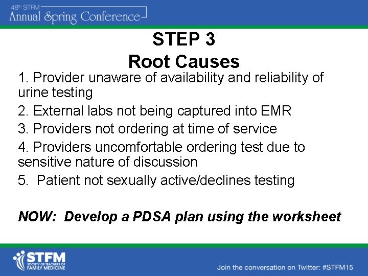 STEP 3 Root Causes 1. Provider unaware of availability and reliability of urine testing