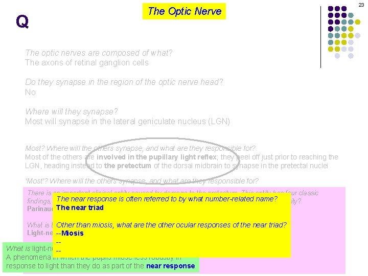 Q The Optic Nerve The optic nerves are composed of what? The axons of