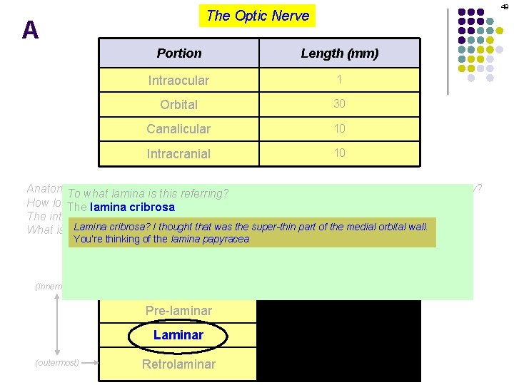 49 The Optic Nerve A Portion Length (mm) Intraocular 1 Orbital 30 Canalicular 10