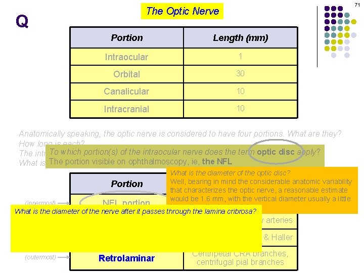 71 The Optic Nerve Q Portion Length (mm) Intraocular 1 Orbital 30 Canalicular 10