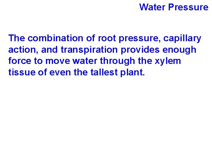 Water Pressure The combination of root pressure, capillary action, and transpiration provides enough force