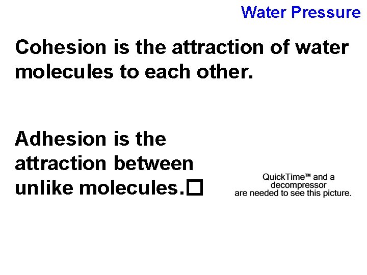 Water Pressure Cohesion is the attraction of water molecules to each other. Adhesion is