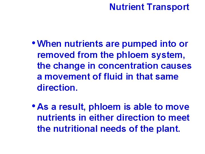 Nutrient Transport • When nutrients are pumped into or removed from the phloem system,