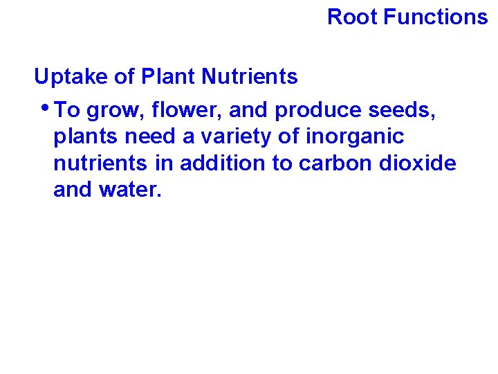 Root Functions Uptake of Plant Nutrients • To grow, flower, and produce seeds, plants
