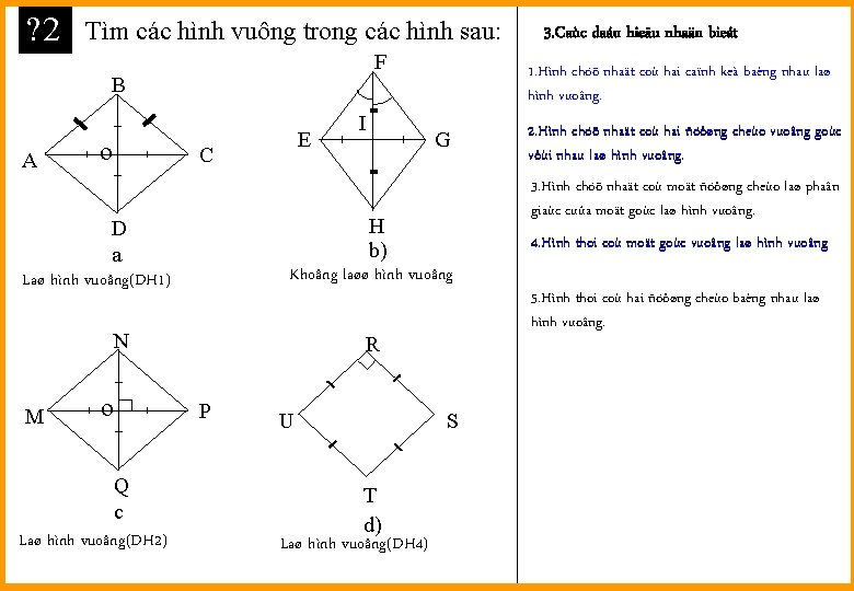 ? 2 Tìm các hình vuông trong các hình sau: F B A o