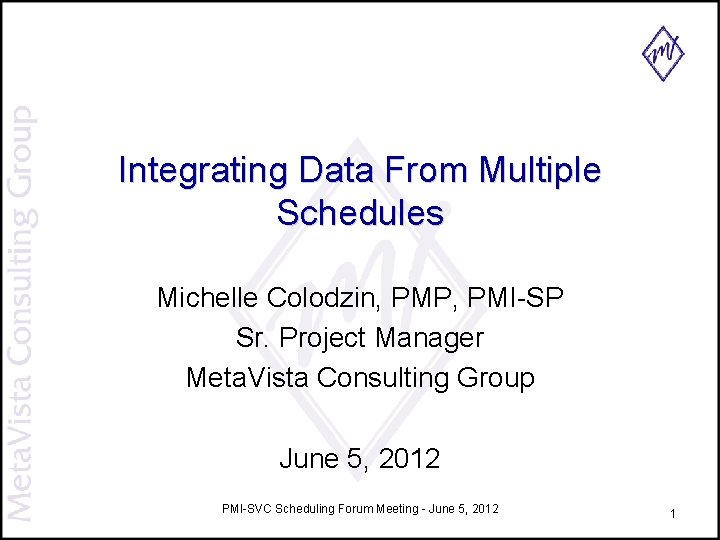 Integrating Data From Multiple Schedules Michelle Colodzin, PMP, PMI-SP Sr. Project Manager Meta. Vista Integrating Data From Multiple Schedules Michelle Colodzin, PMP, PMI-SP Sr. Project Manager Meta. Vista