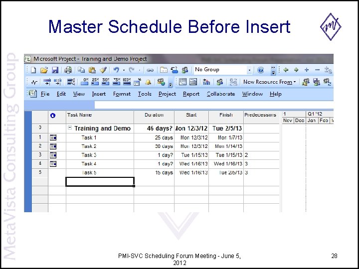 Master Schedule Before Insert PMI-SVC Scheduling Forum Meeting - June 5, 2012 28 Master Schedule Before Insert PMI-SVC Scheduling Forum Meeting - June 5, 2012 28