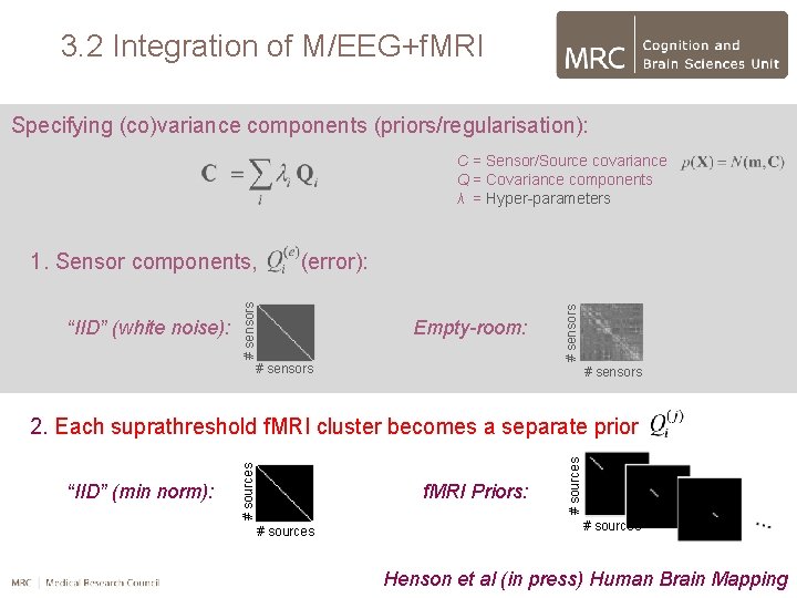 3. 2 Integration of M/EEG+f. MRI Specifying (co)variance components (priors/regularisation): C = Sensor/Source covariance