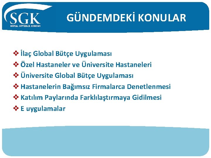 GÜNDEMDEKİ KONULAR v İlaç Global Bütçe Uygulaması v Özel Hastaneler ve Üniversite Hastaneleri v