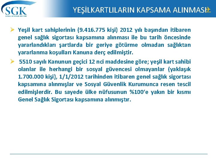 YEŞİLKARTLILARIN KAPSAMA ALINMASI Ø Yeşil kart sahiplerinin (9. 416. 775 kişi) 2012 yılı başından