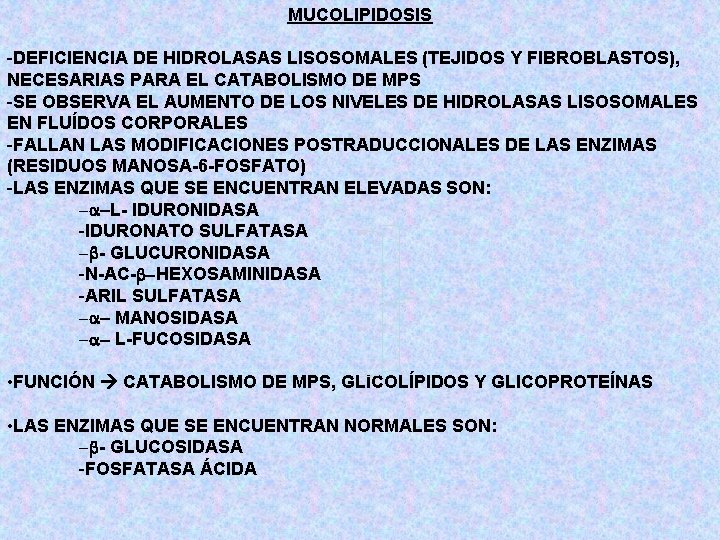 MUCOLIPIDOSIS -DEFICIENCIA DE HIDROLASAS LISOSOMALES (TEJIDOS Y FIBROBLASTOS), NECESARIAS PARA EL CATABOLISMO DE MPS
