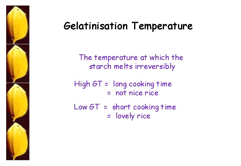 Gelatinisation Temperature The temperature at which the starch melts irreversibly High GT = long