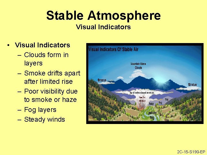 Stable Atmosphere Visual Indicators • Visual Indicators – Clouds form in layers – Smoke
