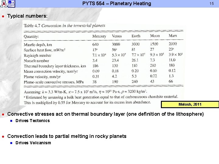 PYTS 554 – Planetary Heating l 15 Typical numbers: Melosh, 2011 l Convective stresses