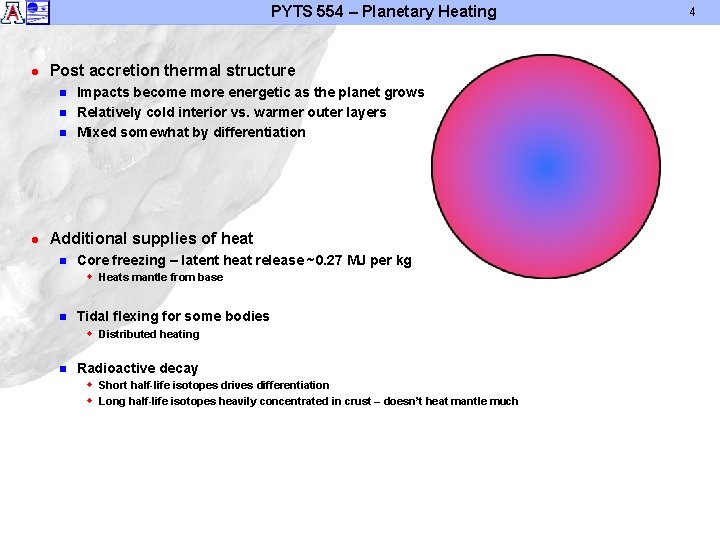 PYTS 554 – Planetary Heating l Post accretion thermal structure n n n l