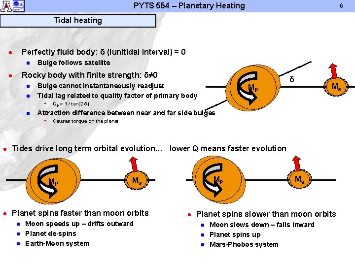 PYTS 554 – Planetary Heating 6 Tidal heating Perfectly fluid body: δ (lunitidal interval)