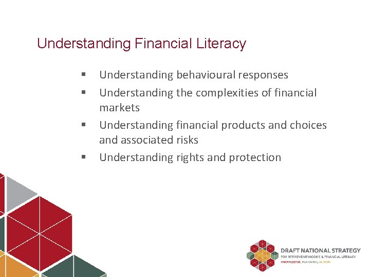 Understanding Financial Literacy § § Understanding behavioural responses Understanding the complexities of financial markets