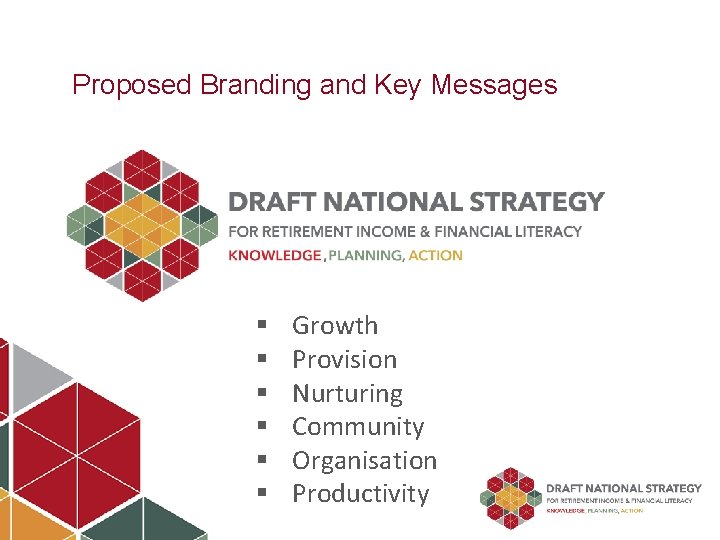 Proposed Branding and Key Messages § § § Growth Provision Nurturing Community Organisation Productivity