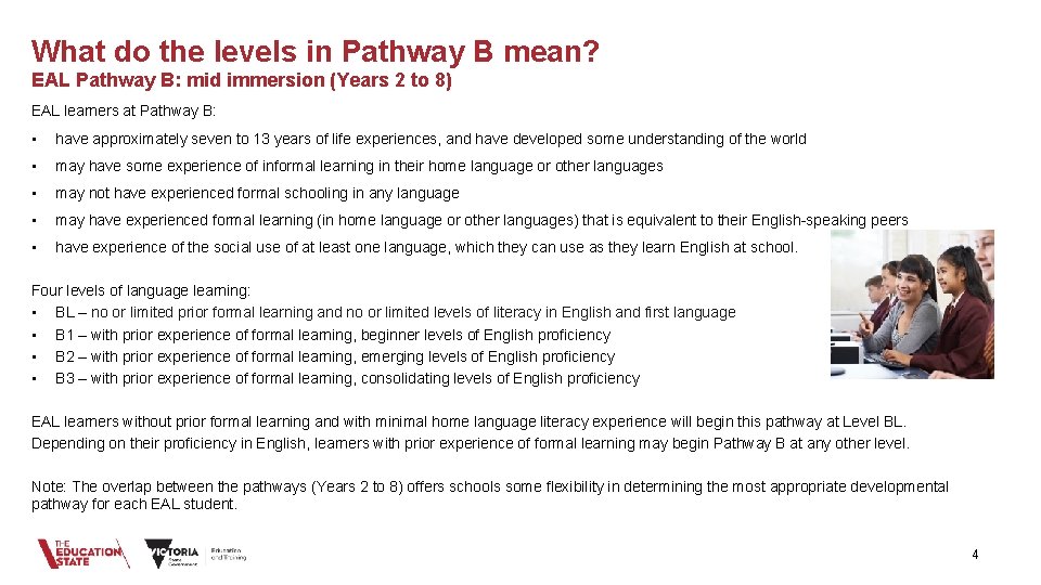 What do the levels in Pathway B mean? EAL Pathway B: mid immersion (Years