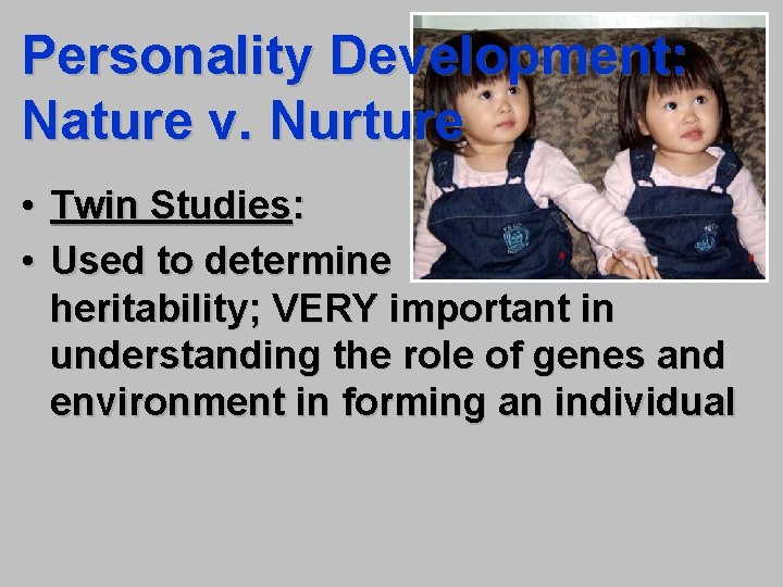 Personality Development: Nature v. Nurture • Twin Studies: • Used to determine heritability; VERY