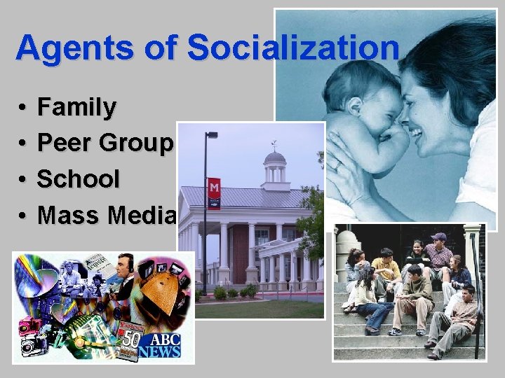 Agents of Socialization • • Family Peer Group School Mass Media 