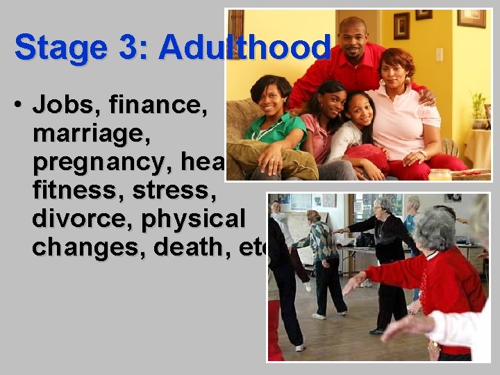 Stage 3: Adulthood • Jobs, finance, marriage, pregnancy, health, fitness, stress, divorce, physical changes,