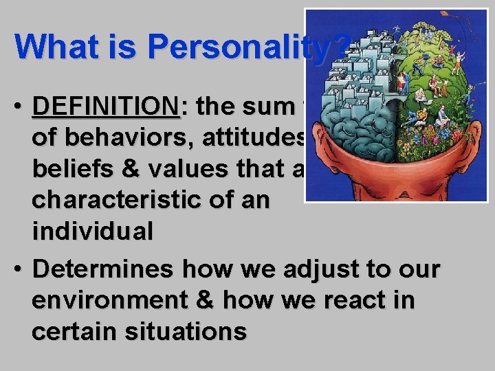 What is Personality? • DEFINITION: the sum total of behaviors, attitudes, beliefs & values