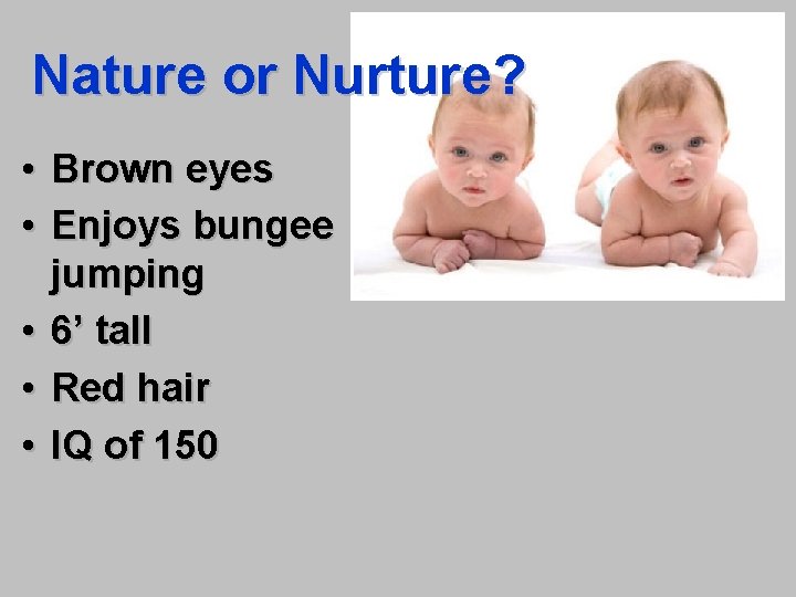 Nature or Nurture? • Brown eyes • Enjoys bungee jumping • 6’ tall •