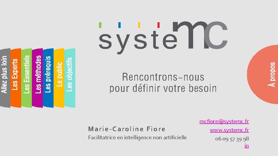 Marie-Caroline Fiore Facilitatrice en intelligence non artificielle mcfiore@systemc. fr www. systemc. fr 06 09