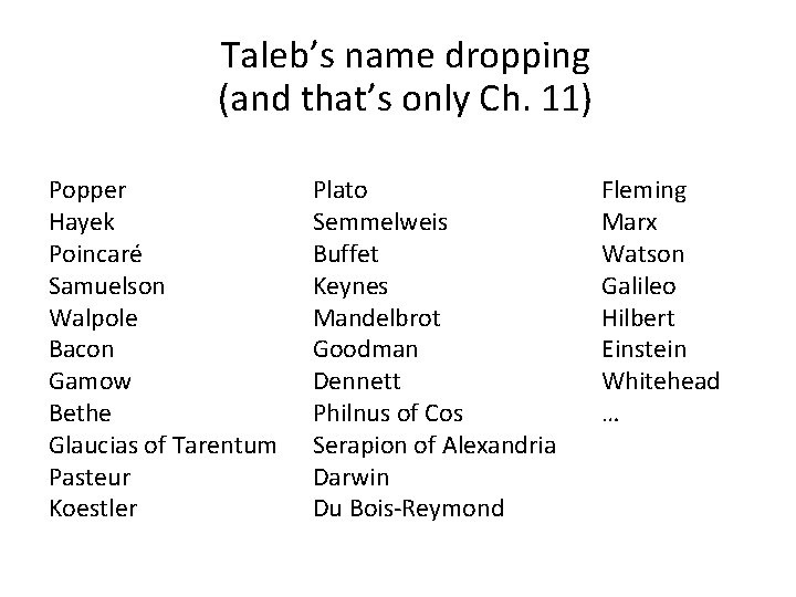 Taleb’s name dropping (and that’s only Ch. 11) Popper Hayek Poincaré Samuelson Walpole Bacon