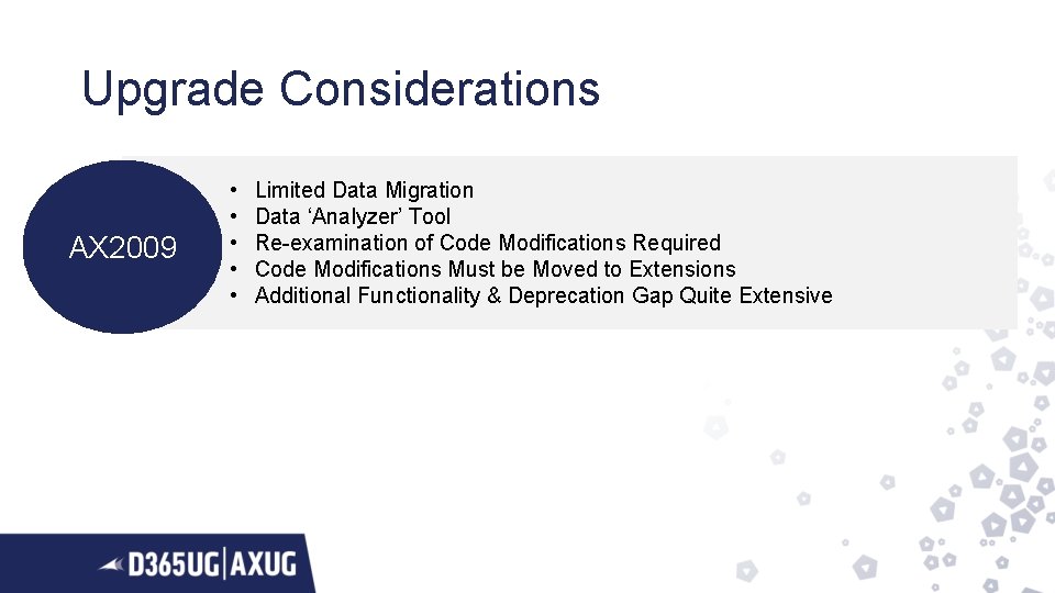 Upgrade Considerations AX 2009 • • • Limited Data Migration Data ‘Analyzer’ Tool Re-examination