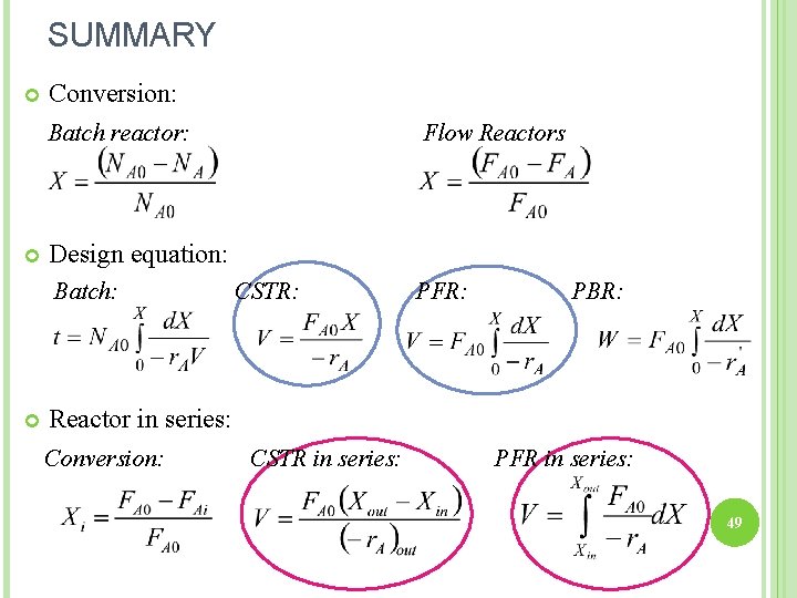 SUMMARY Conversion: Batch reactor: Design equation: Batch: Flow Reactors CSTR: PFR: PBR: Reactor in