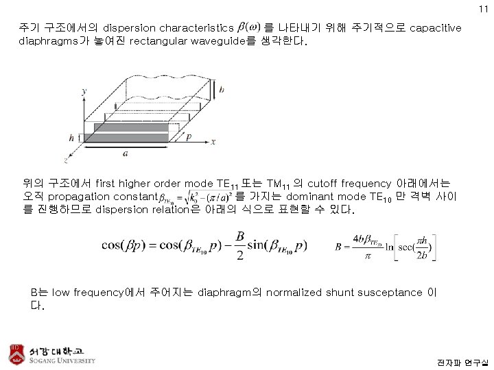 11 주기 구조에서의 dispersion characteristics 를 나타내기 위해 주기적으로 capacitive diaphragms가 놓여진 rectangular waveguide를