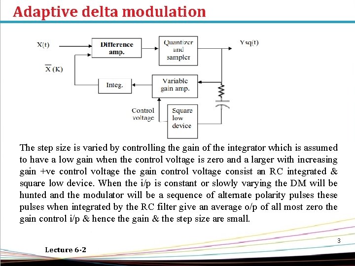 Adaptive delta modulation The step size is varied by controlling the gain of the