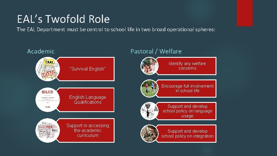 EAL’s Twofold Role The EAL Department must be central to school life in two