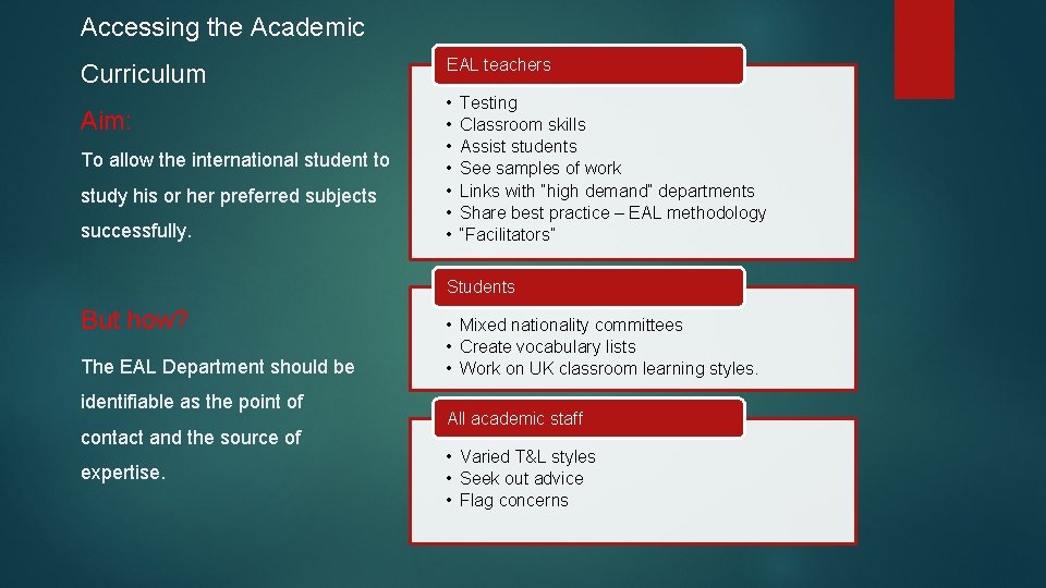 Accessing the Academic Curriculum Aim: To allow the international student to study his or