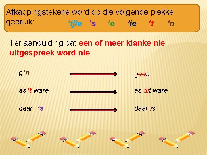 Afkappingstekens word op die volgende plekke gebruik: ’tjie ’s ’e ’ie ’t ’n Ter