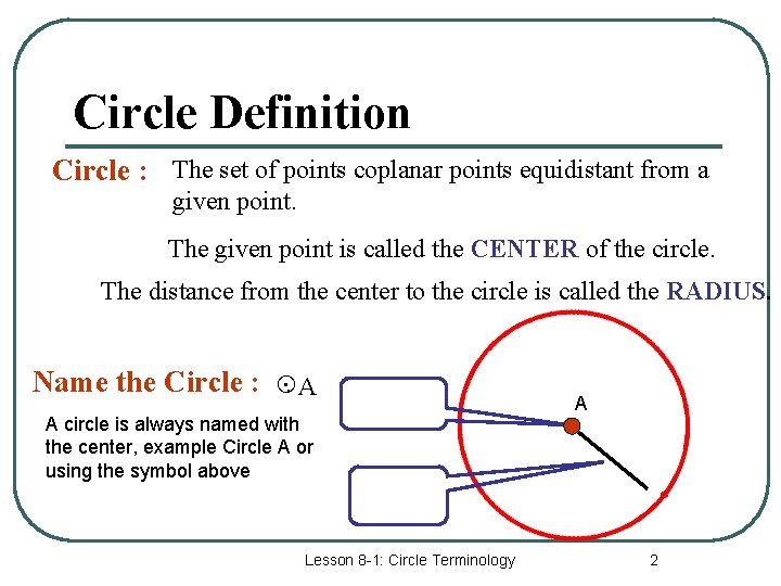 Circle Definition Circle : The set of points coplanar points equidistant from a given