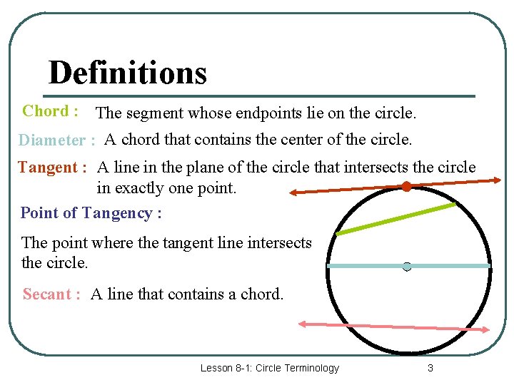 Definitions Chord : The segment whose endpoints lie on the circle. Diameter : A