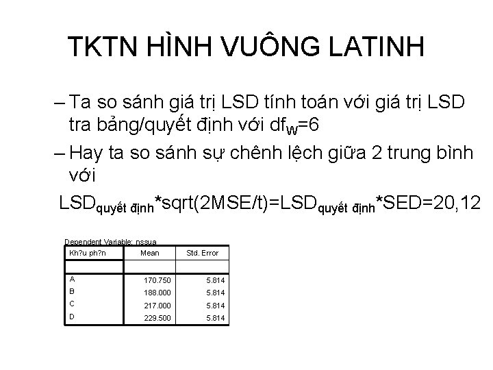 TKTN HÌNH VUÔNG LATINH – Ta so sánh giá trị LSD tính toán với