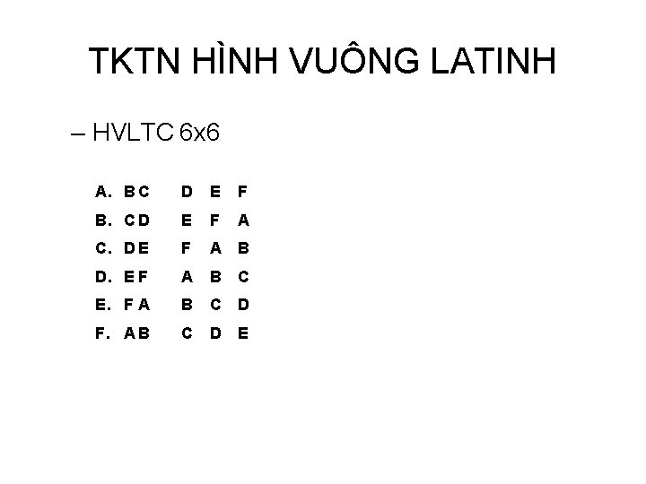 TKTN HÌNH VUÔNG LATINH – HVLTC 6 x 6 A. B C D E