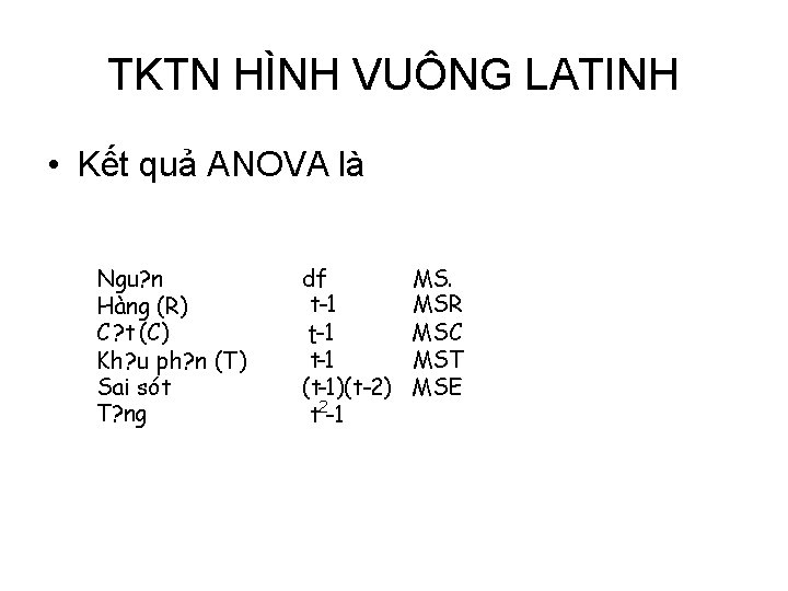 TKTN HÌNH VUÔNG LATINH • Kết quả ANOVA là Ngu? n Hàng (R) C