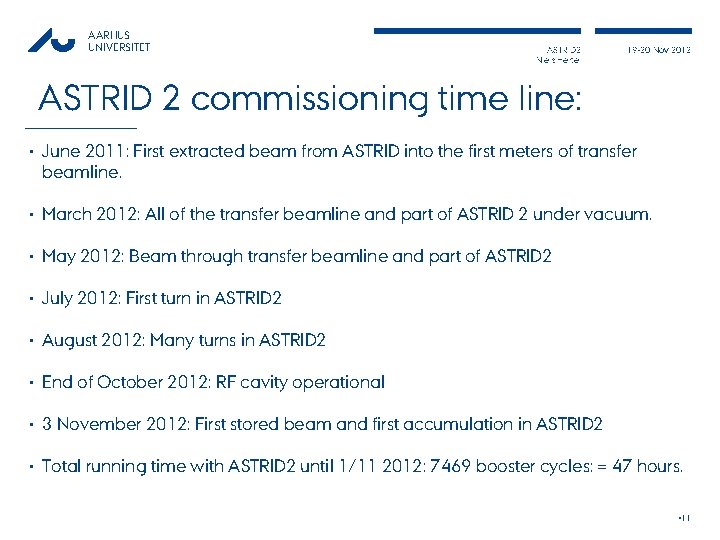 AARHUS UNIVERSITET ASTRID 2 Niels Hertel 19 -20 Nov 2012 ASTRID 2 commissioning time