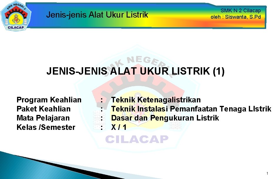 Jenis-jenis Alat Ukur Listrik SMK N 2 Cilacap oleh : Siswanta, S. Pd JENIS-JENIS