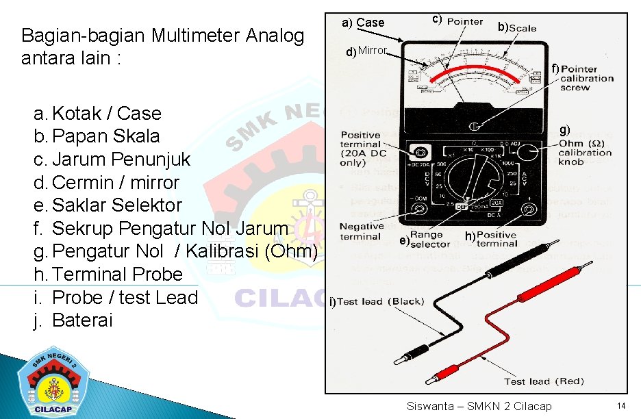 Bagian-bagian Multimeter Analog antara lain : a. Kotak / Case b. Papan Skala c.